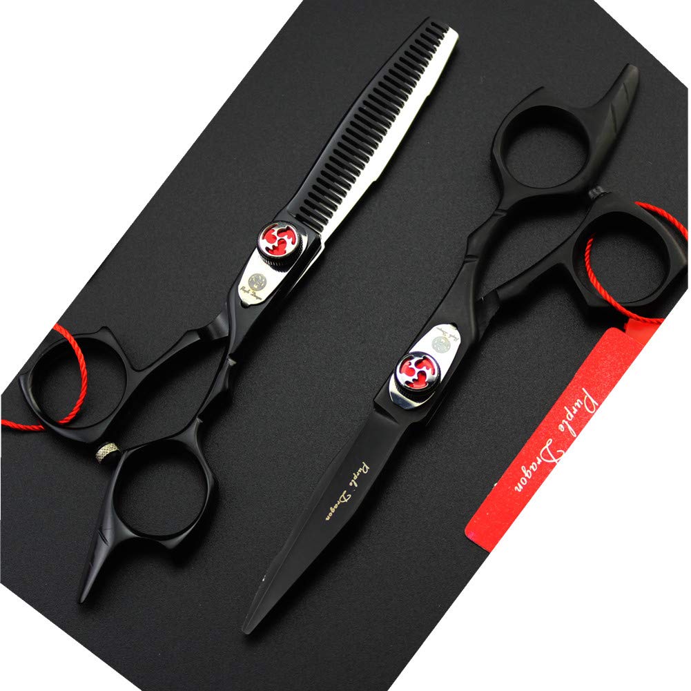 Purple Dragon Tijeras de Corte de Pelo y Tijeras de Adelgazamiento de Acero Inoxidable Japonés 440C, 14 cm, con Bolsa, Color Negro, Perfectas para Peluquería Profesional