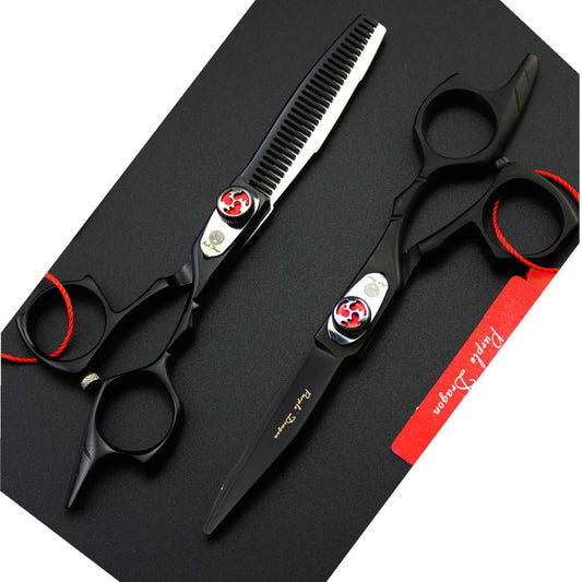 Purple Dragon Tijeras de Corte de Pelo y Tijeras de Adelgazamiento de Acero Inoxidable Japonés 440C, 14 cm, con Bolsa, Color Negro, Perfectas para Peluquería Profesional
