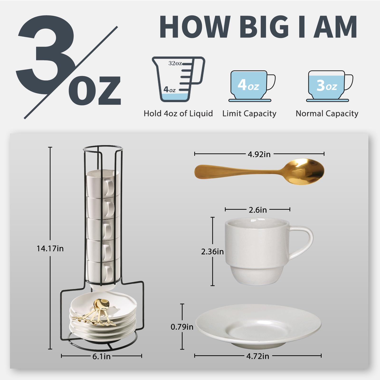 Lareina - Juego de 6 tazas de café apilables de porcelana con platillos, cucharas y soporte de metal, tazas de café pequeñas de 3 onzas, tazas de cerámica demitasse, color blanco