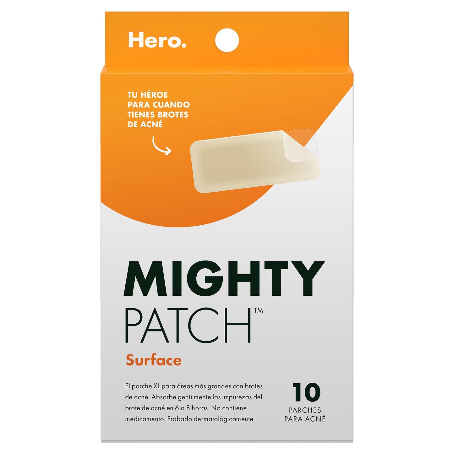 Hero Mighty Patch Surface, 10 Parches XL con Hidrocoloide para el Acné, Uso en Cuerpo, Mejillas, Espalda y Frente