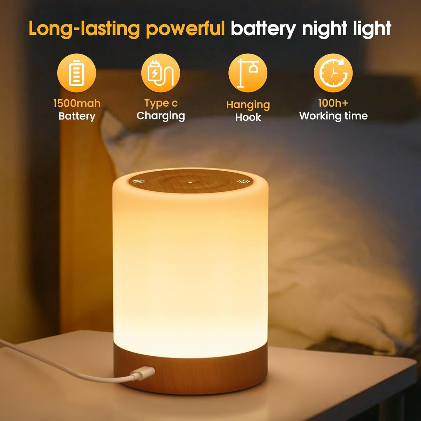 Lámpara de Noche, Sepper Lámpara de Mesita de Noche USB Recargable Regulable, 5 Niveles de Brillo 256 Colores RGB, Control Remoto y Control Tactil Lampara Ambiente Lámpara de Mesa para Decoración