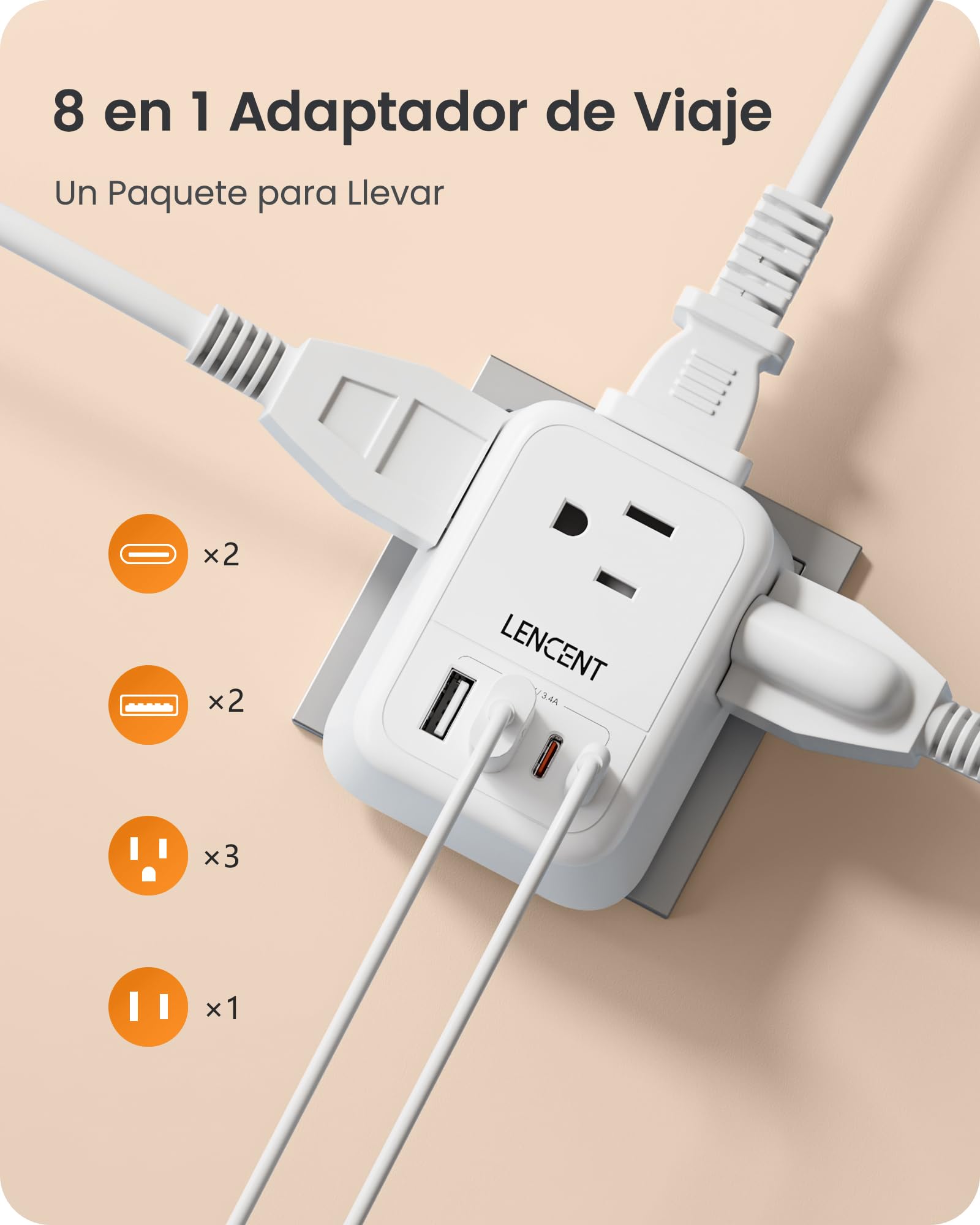 LENCENT Adaptador de Enchufe Plegable, Adaptador de Viaje con 4 Salidas y 4 Puertos USB (2USB C), Cargador Japón Tipo A de 2 a 3 Clavijas, Multicontacto de EE.UU. a Japón Canadá México Filipinas Perú