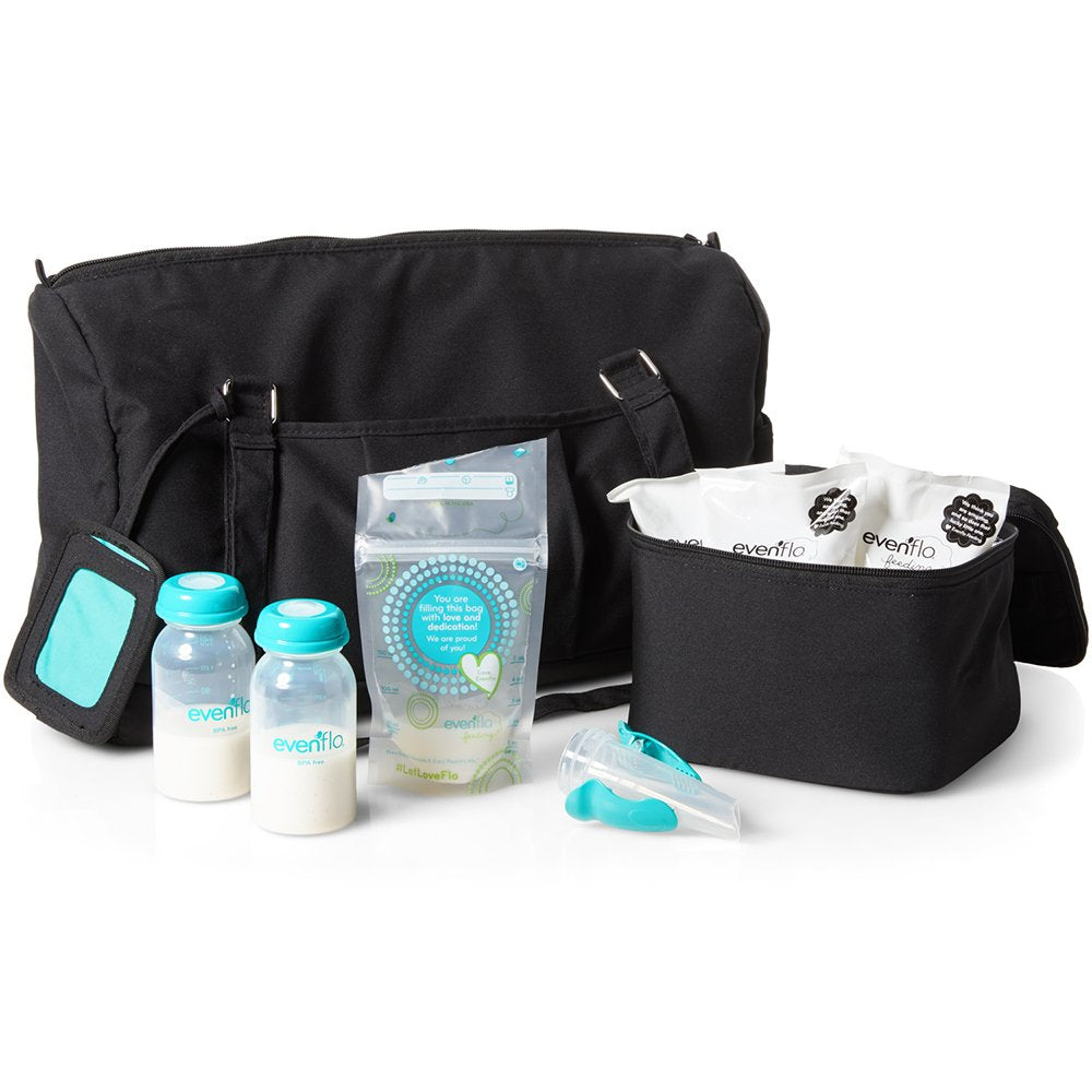 Bolsa de Accesorios de Bombeo Evenflo Feeding Negra con Botellas y Adaptadores para Lactancia Materna