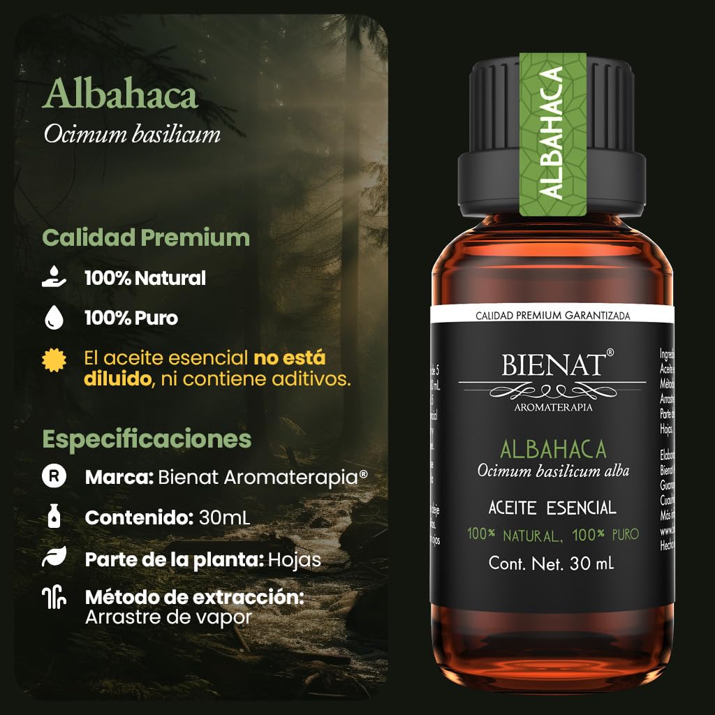 BIENAT AROMATERAPIA Aceite Esencial de Albahaca 30mL | 100% Puro y Concentrado | Ideal para Difusor de Aromas, Humidificador, Aromaterapia, Masajes, Meditación, Jabones y Velas | Esencia Natural en Gotas