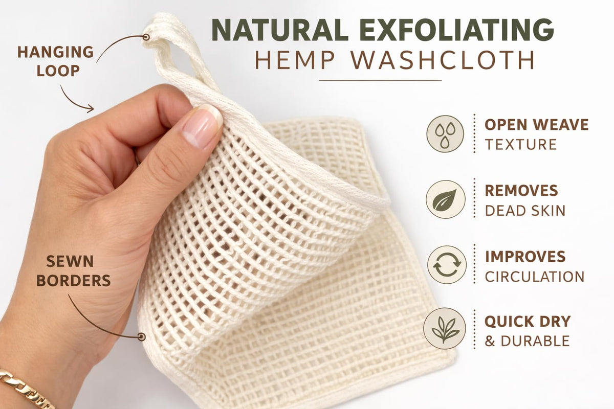 URBLUX - Paño exfoliante de cáñamo (paquete de 3), paño exfoliante corporal de doble cara, paño exfoliante natural para cara y cuerpo, alternativa de esponja de baño, secado rápido, 12 x 12 pulgadas