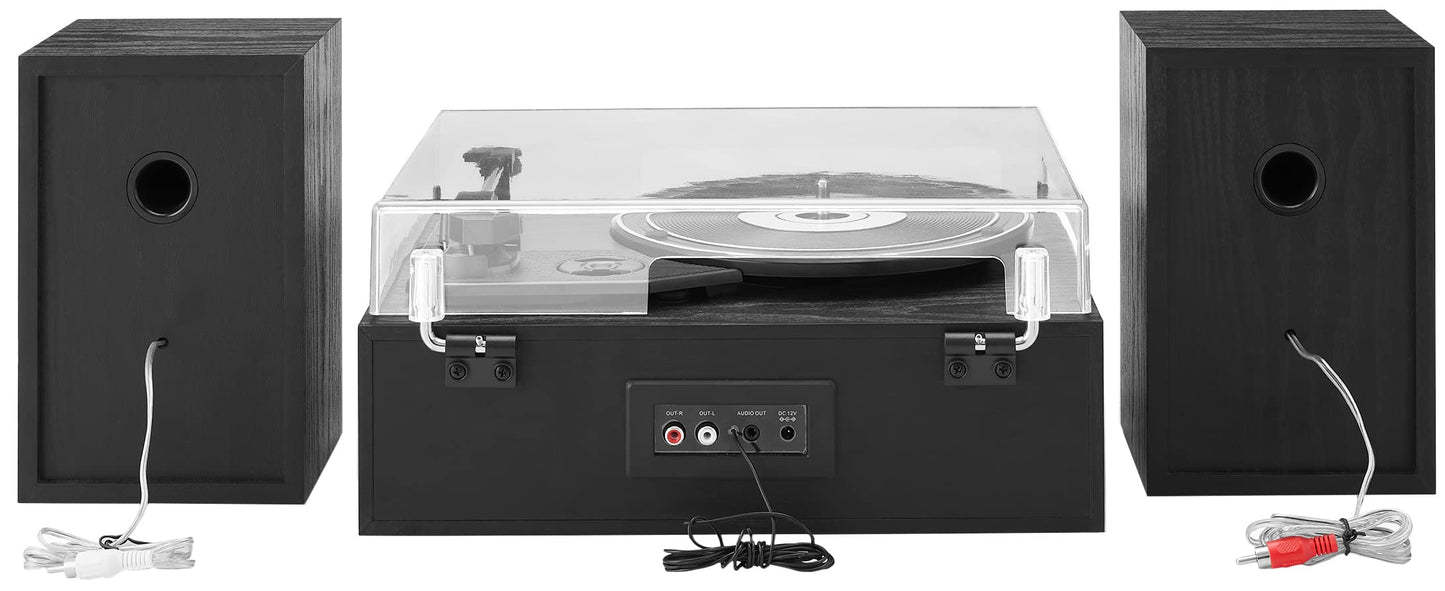 Crosley CR7022A-BK Sloane - Tocadiscos Bluetooth de 3 velocidades y Sistema de Estante de Radio FM con Altavoces estéreo a Juego, Color Negro