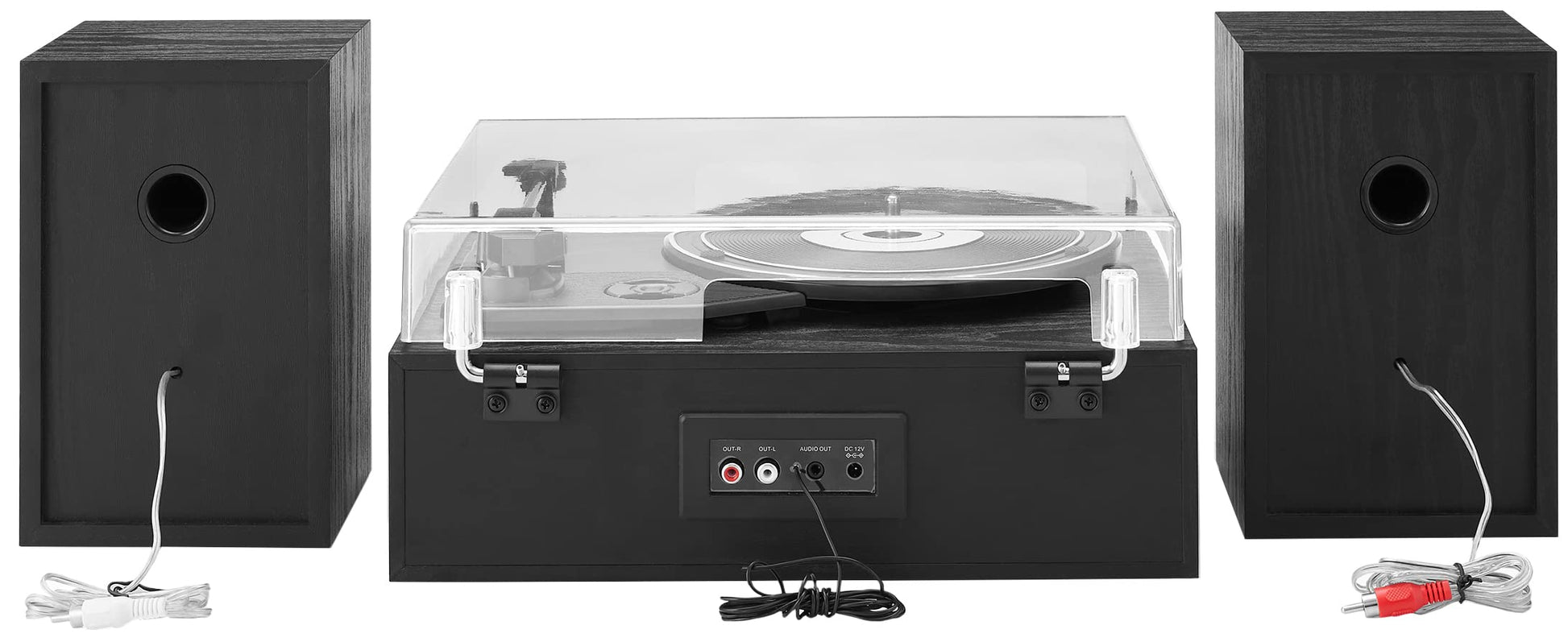 Crosley CR7022A-BK Sloane - Tocadiscos Bluetooth de 3 velocidades y Sistema de Estante de Radio FM con Altavoces estéreo a Juego, Color Negro