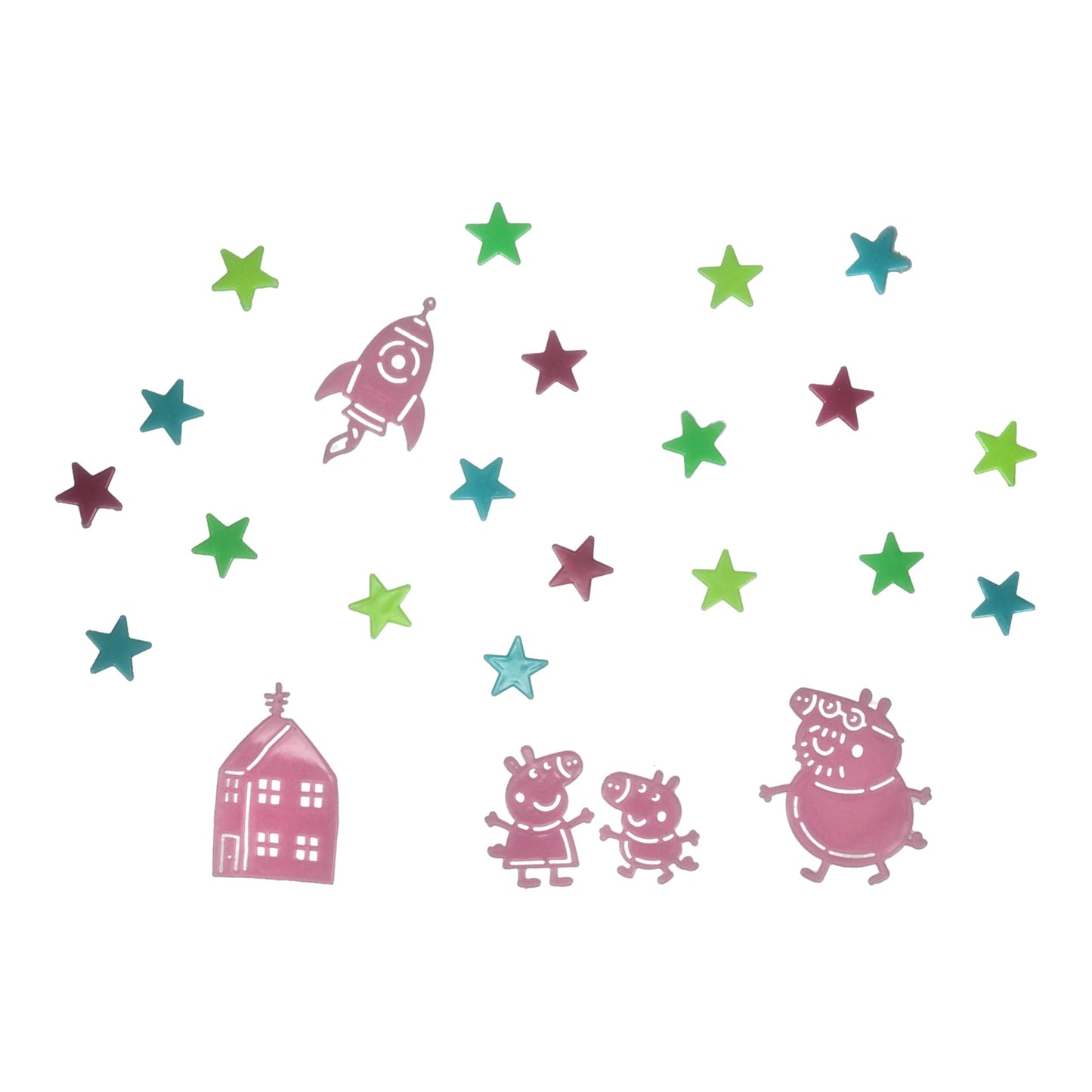Peppa Pig - Calcomanías de pared que brillan en la oscuridad, decoración de dormitorio con licencia oficial, incluye 200 estrellas, 6 personajes, cohete y casa, accesorios para habitación de niños