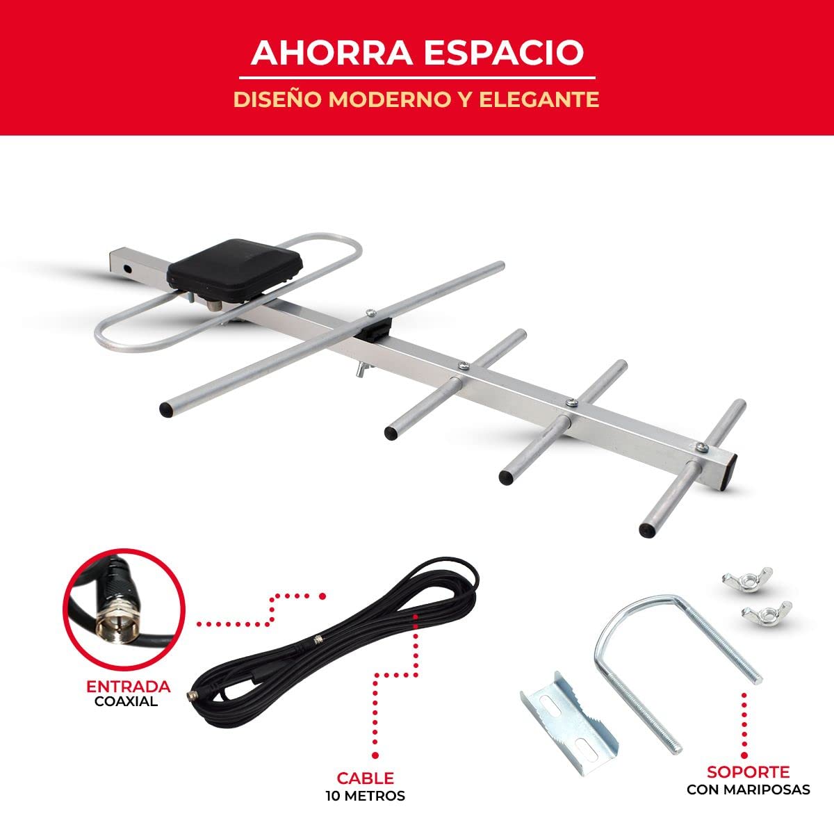 LINK BITS HD005 Antena Exterior aérea HDTV de Largo Alcance, Alcance Amplificado, 12 Elementos, Alta definición, (fácil de Instalar).