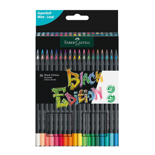Faber-Castell Colores Supersoft Black Edition con 36 Diferentes Colores, cuenta con una mina supersuave y con una pigmentación fuerte resaltando tonos intensos sobre cualquier tipo de papel