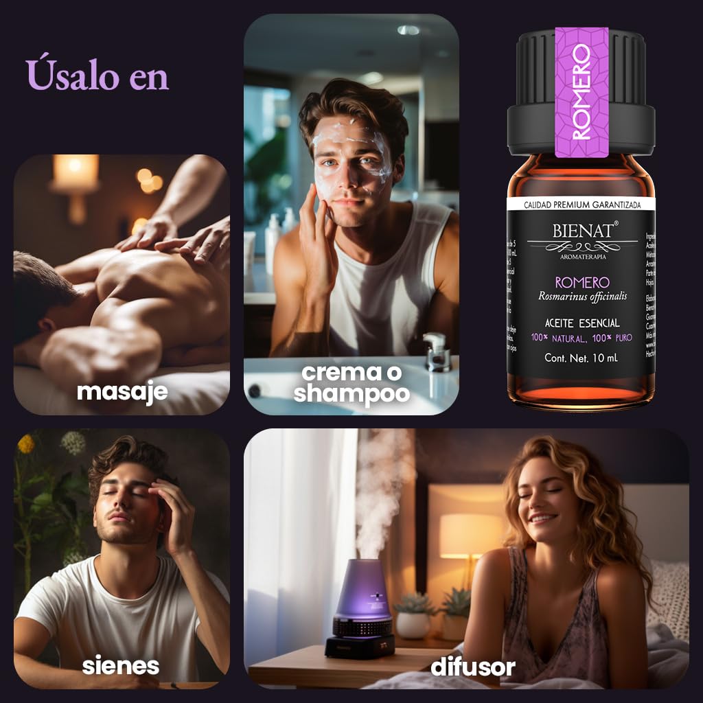 BIENAT AROMATERAPIA Aceite Esencial de Romero 10mL | 100% Puro y Concentrado | Ideal para Difusor de Aromas, Humidificador, Aromaterapia, Masajes, Meditación, Jabones y Velas | Esencia Natural en Gotas