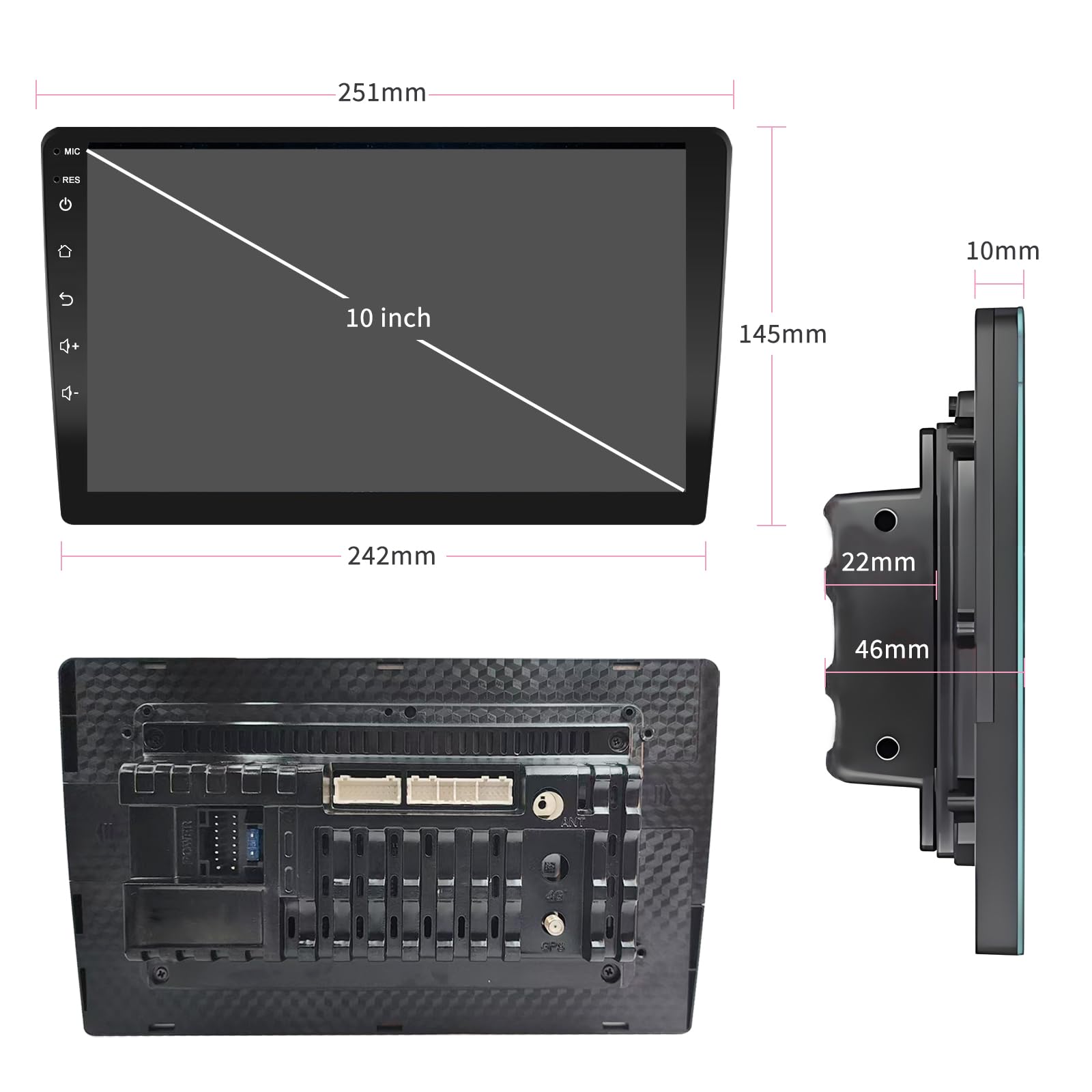 Autoestereos para Carro 10.1", 2+32GB, 2DIN, Pantalla para Auto, Compatible con CarPlay y Android Auto, Android 13, Mirror Link, Cámara de Marcha Atrás, GPS, LPS, Bluetooth, WiFi