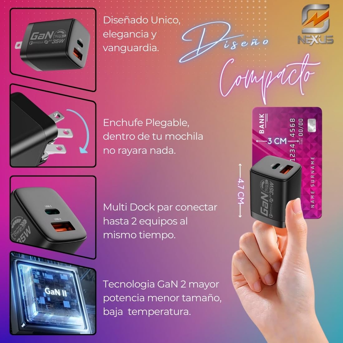 Cargador Celular Inteligente GaN Carga Rápida USB C 35W NEXUS Cable USB C 2m incluido Compatible con todas las marcas iPhone 12 al 15 Samsung S22 S23 S24 Xiaomi o Audífonos Tablets Drones Cámaras ipad