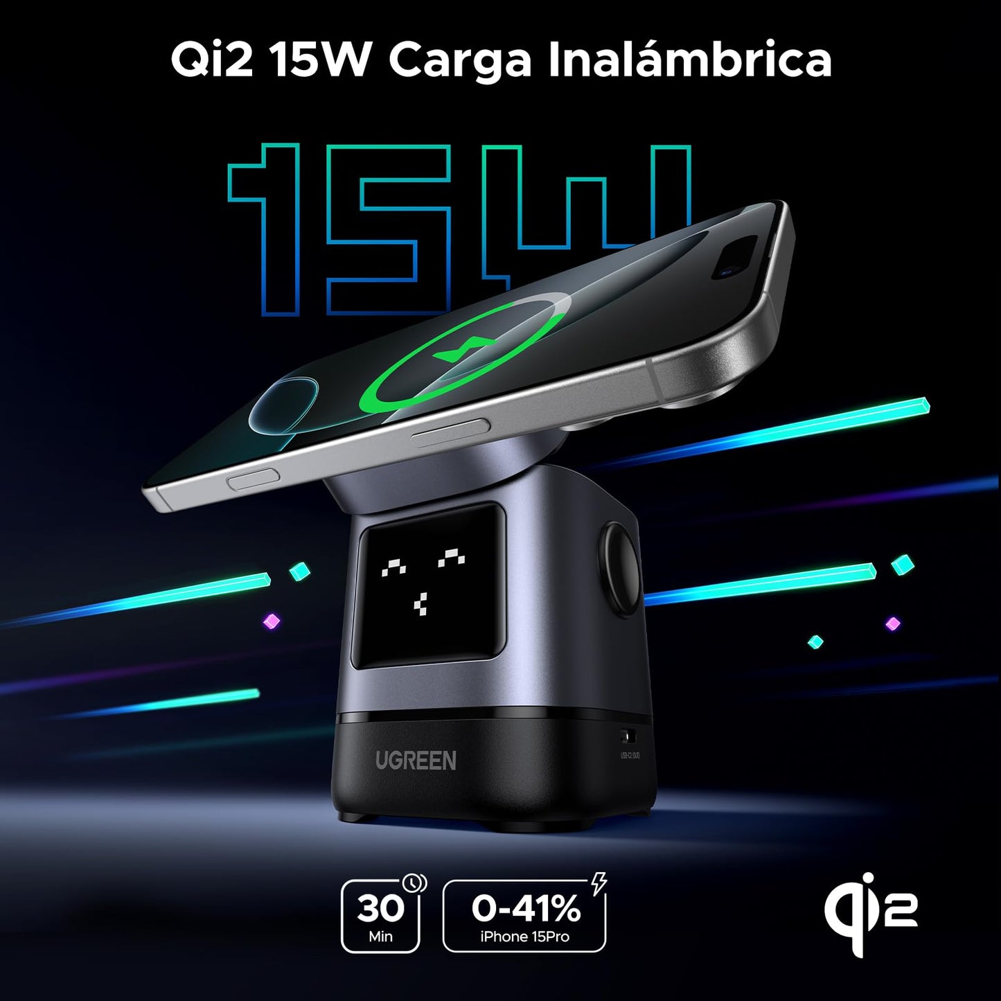 Cargador Inalámbrico UGREEN UNO 15W Qi2 Ajustable Magnético para iPhone y AirPods