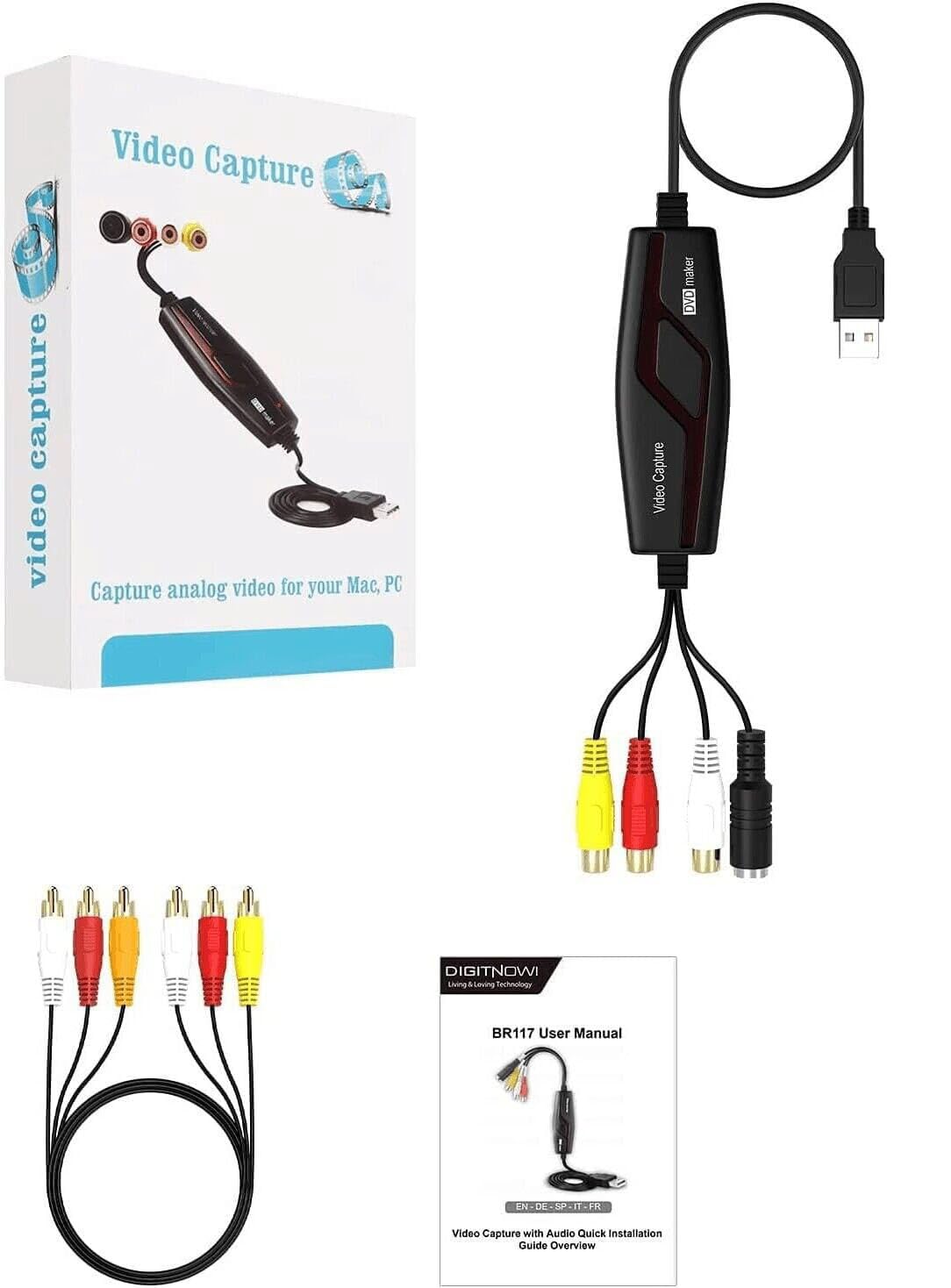 Convertidor VHS a Digital, Dispositivo de Tarjeta de Captura de Video, convertidor Digital VHS VCR Hi8 Mini DV a Mac, convertidor de Video RCA a USB para Reproductor de Cinta de TV, videocámara,
