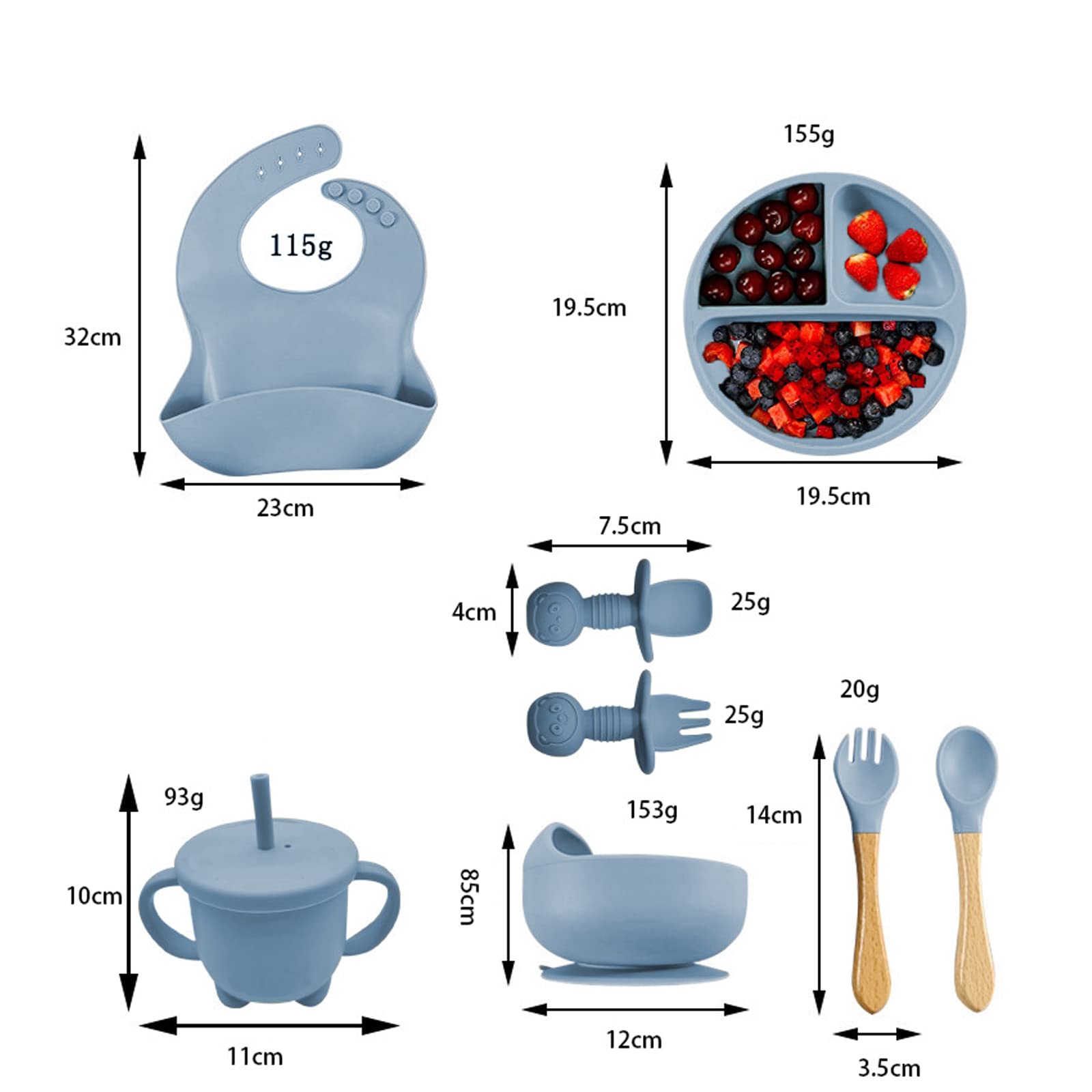 Set de Vajillas y Platos de Silicona, Azul, con Ventosas y Baberos Ajustables para Bebé, Seguros para Alimentos, Sin BPA, 8 Piezas, Ideal para Babyshower