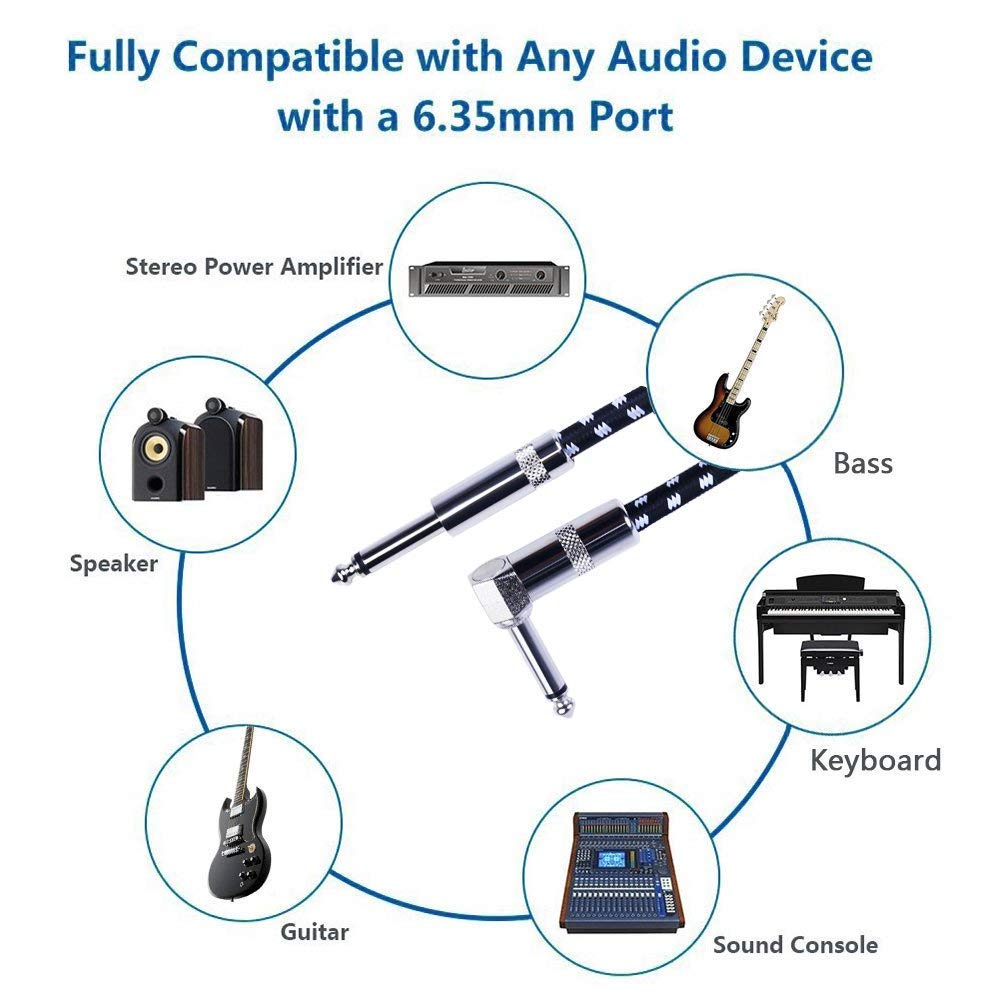 Cable de Instrumento de 3 metros, Cable de la Guitarra, Guitar Cable Audio para Amplificador de Potencia Estéreo/Bajo/ Bajo y Acordes, 1/4 "en ángulo Trenzado Conector Macho Mono TS, Cable Es una Mezcla de Lana Tejida, Muy Duradero (Negro)