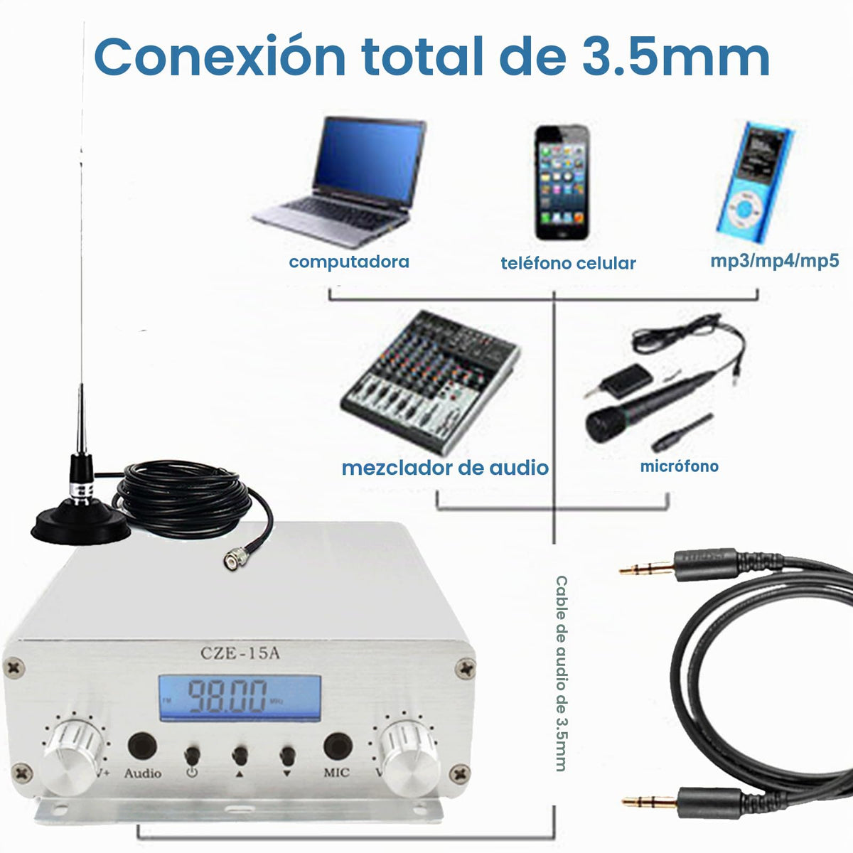 Transmisor FM Estéreo de Largo Alcance de 15 W para Iglesia con Micrófono 3,5 mm