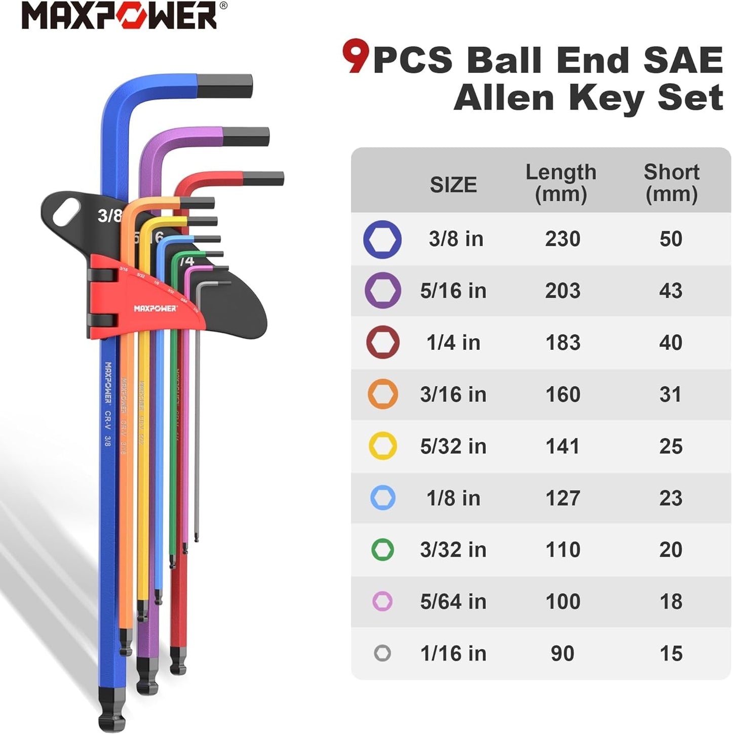 Juego de Llaves Allen MAXPOWER Negro con 27 Piezas SAE, Métricas y Torx de Brazo Extralargo con Mango en T