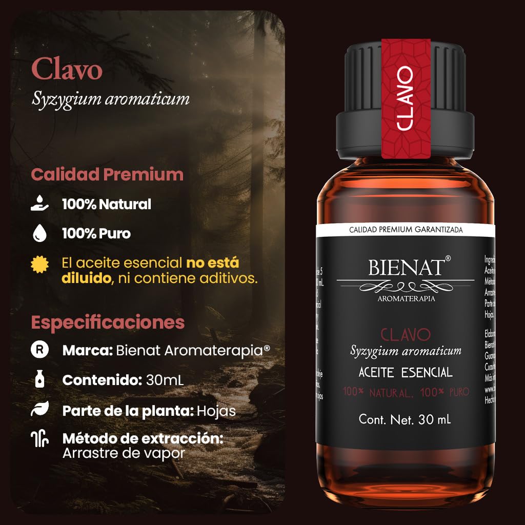 BIENAT AROMATERAPIA Aceite Esencial de Clavo 30mL | 100% Puro y Concentrado | Ideal para Difusor de Aromas, Humidificador, Aromaterapia, Masajes, Meditación, Jabones y Velas | Esencia Natural en Gotas