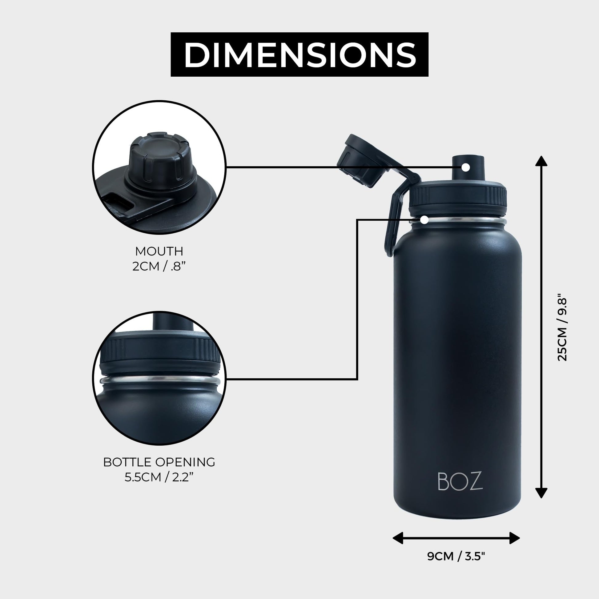 BOZ - Paquete de 2 botellas de agua de acero inoxidable, botella de agua gris + botella de agua negra, botellas de agua aisladas al aspiradora, 32 onzas, botellas de agua deportivas sin BPA para