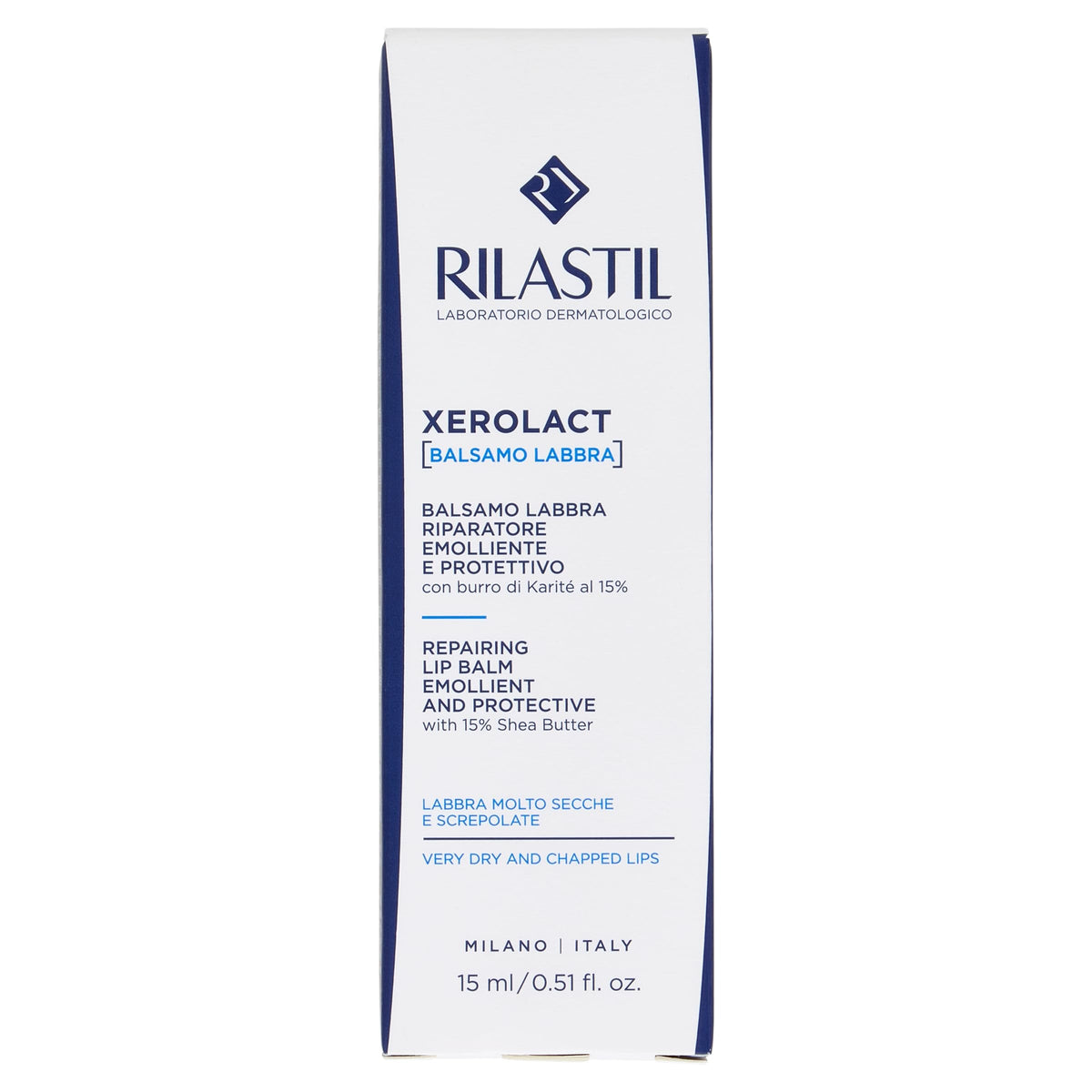Rilastil Xerolact Bálsamo Labial Reparador con Manteca de Karité 15% para Labios Secos y Agrietados – Piel Sensible – 15 ml