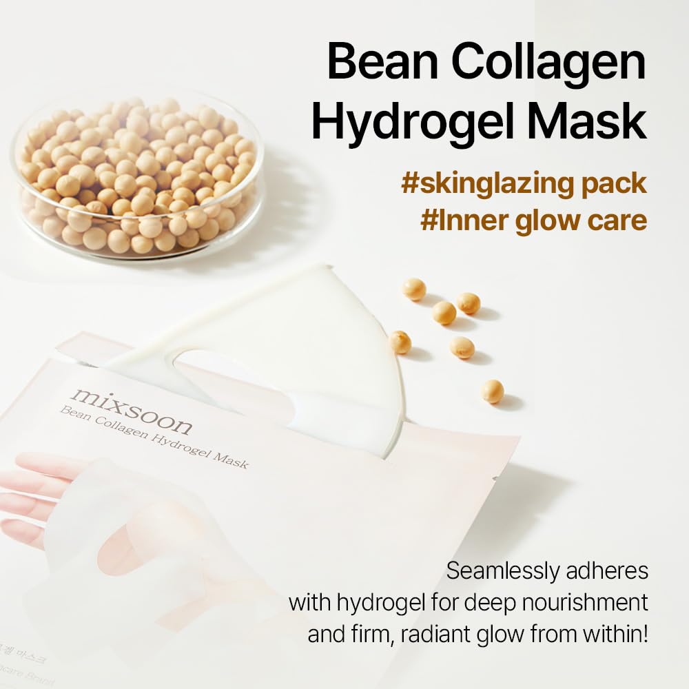 mixsoon Bean Collagen Hydrogel Mask - Mascarilla Facial de Hidrogel con Colágeno de Bajo Peso Molecular y Soya Fermentada, Reafirmante con Extracto de Granada y Pera, 5 unidades