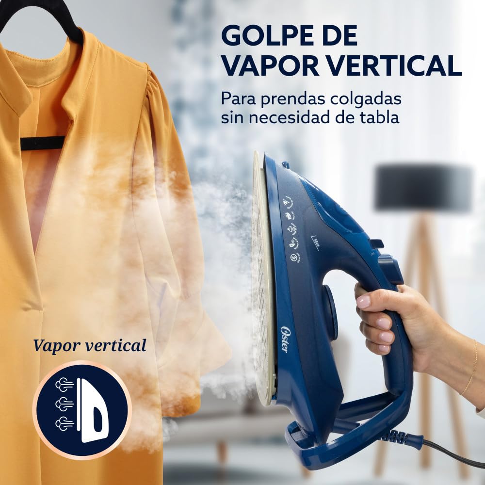 Oster Plancha de Vapor, AeroGlide Plus S7400, con Golpe de Vapor 200 g/min, Recubrimiento Metálico Cerámico, Suela con más Cobertura, Tecnología Aeroceramic, Antigoteo, Azul Oscuro, GCSTAC7401-013