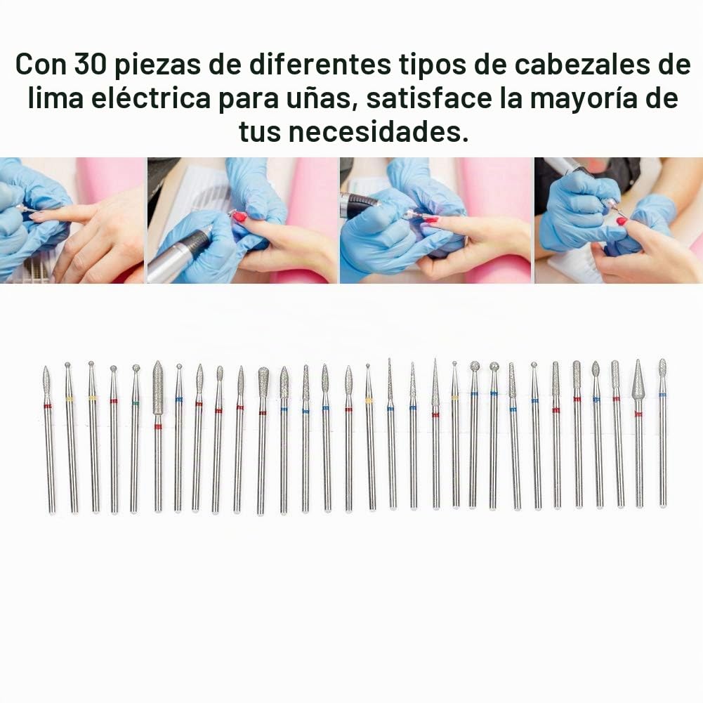 Kit de Taladro Salmue 30 Piezas Diamante para Arte de Uñas en Manicura y Pedicura