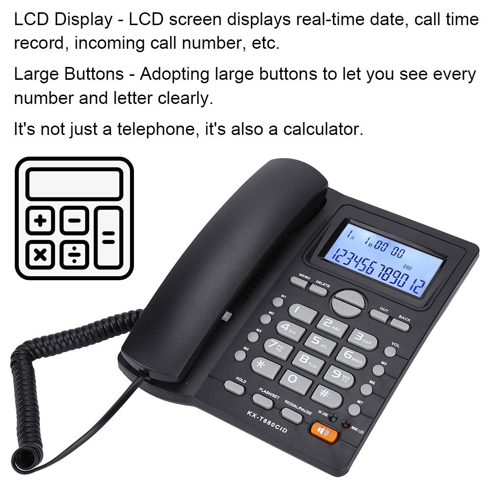 Teléfono Fijo, teléfono de Escritorio con identificador de Llamadas, teléfono con de extensión de Doble Puerto, Cable con Cable y Altavoz (Negro)