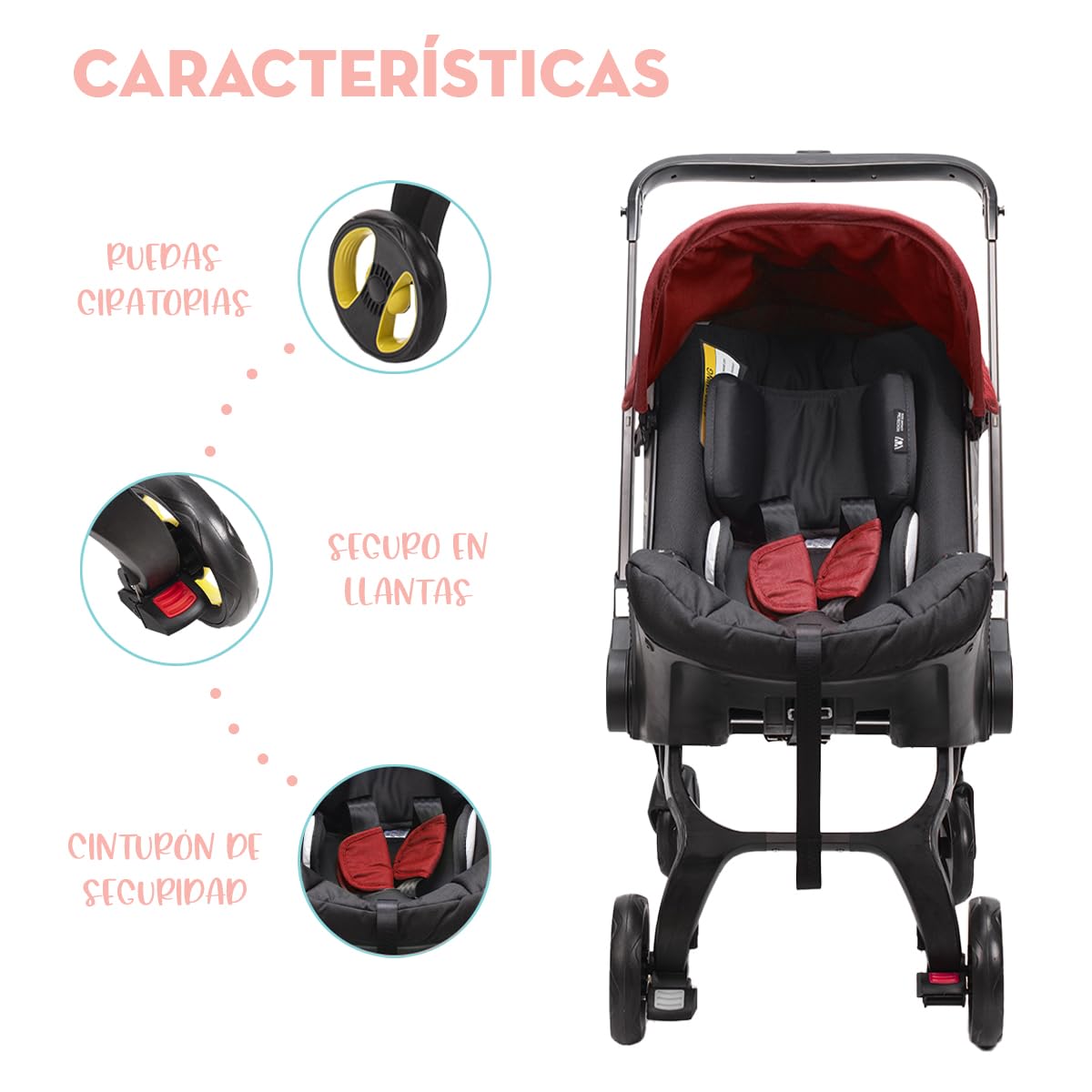 Carriola Plegable 3 en 1 Convertible FlexiTraveller | Carriola Demostable Asiento De Bebe Para Carro | Multifuncional Portatil, Ligera Y Compacta (Rojo)