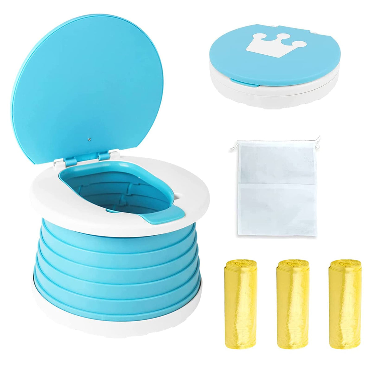 Orinal de viaje para niños pequeños, inodoro portátil y plegable, se aplica al asiento de emergencia para automóvil, campamento, al aire última intervensión, interior (azul, pequeño)
