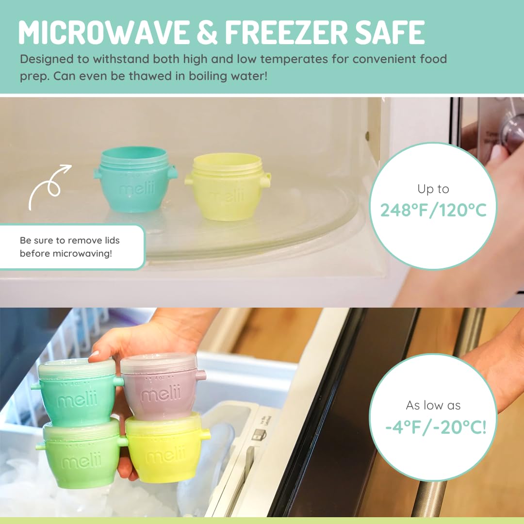 melii Snap & Go Recipientes de almacenamiento de alimentos para bebés | Paquete de 4 de 4 oz, recipientes apilables para aperitivos con tapas herméticas, sin BPA, tazas reutilizables para alimentos de