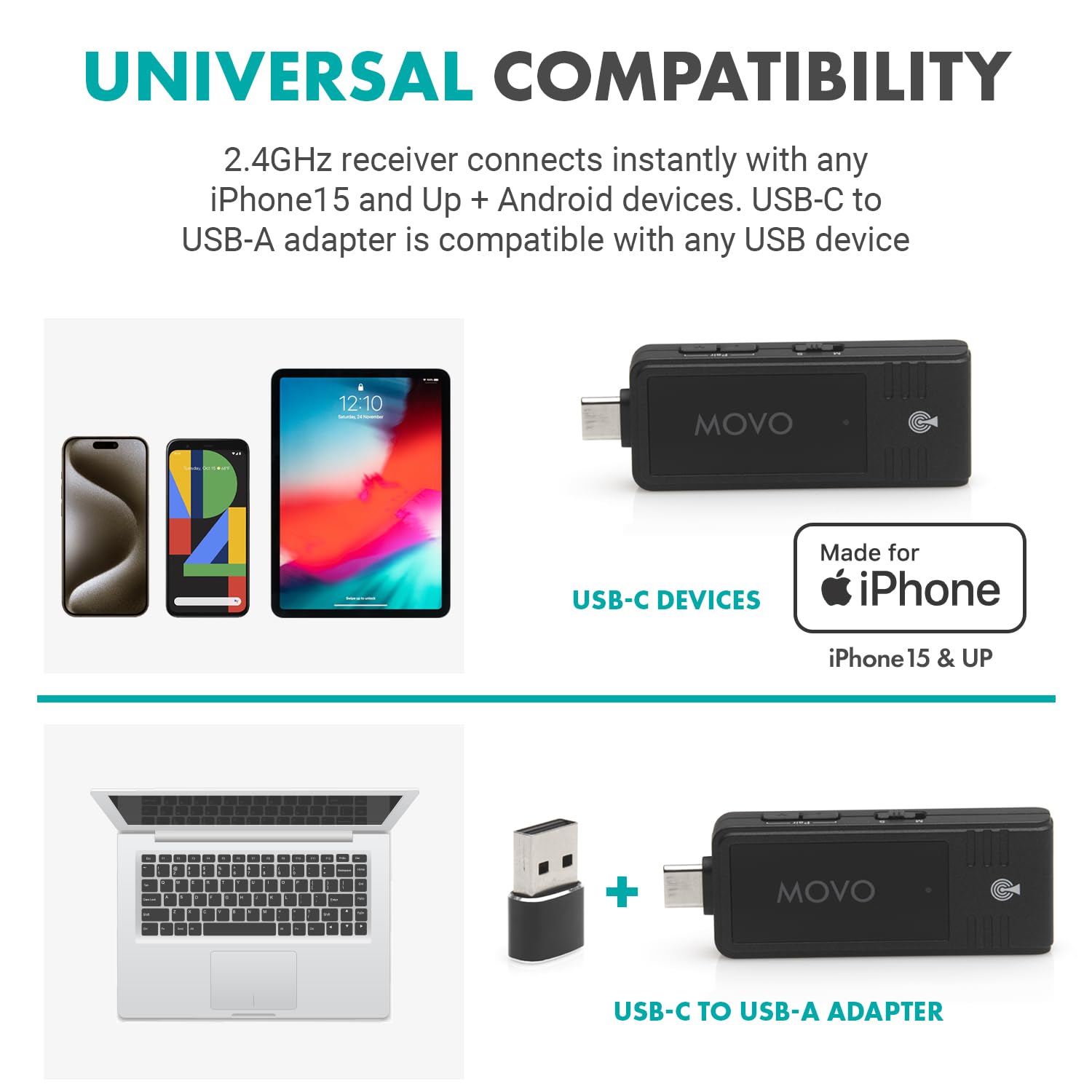 Micrófono Lavalier Inalámbrico Movo USB-C para Android e iPhone 15 con Transmisión de 2,4 GHz y Adaptador USB-A