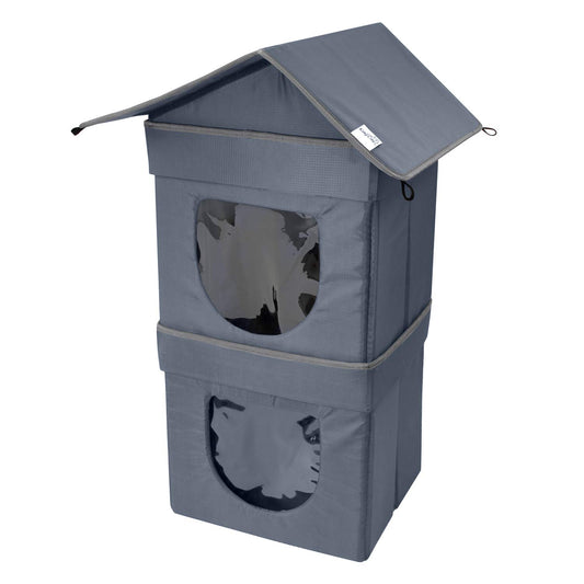 Kitty City Condominio para gatos al aire libre de 2 niveles, cama grande para gato, cubo apilable, cama lavable, casa para gatos interior/condominio, gris (CM-10077-CS01)