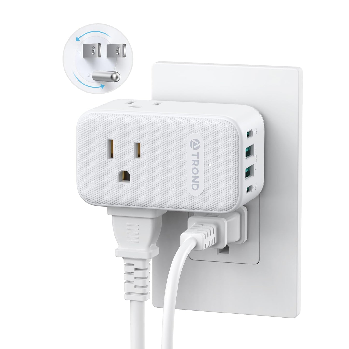 TROND Extensión con Enchufe Giratorio 360°, 3 Tomas AC, Cargador USB-C PD 20W, Adaptador de Pared USB, Estación de Carga Compacta para Cocina, Baño, Cruceros y Viajes