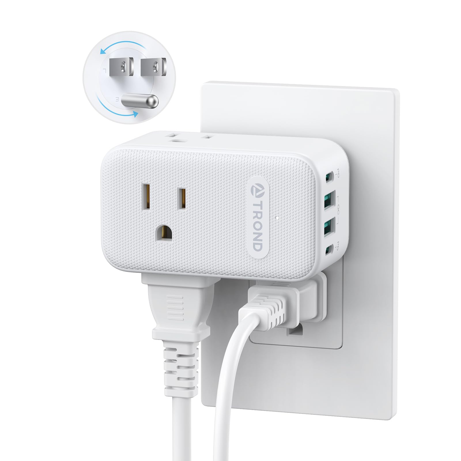 TROND Extensión con Enchufe Giratorio 360°, 3 Tomas AC, Cargador USB-C PD 20W, Adaptador de Pared USB, Estación de Carga Compacta para Cocina, Baño, Cruceros y Viajes