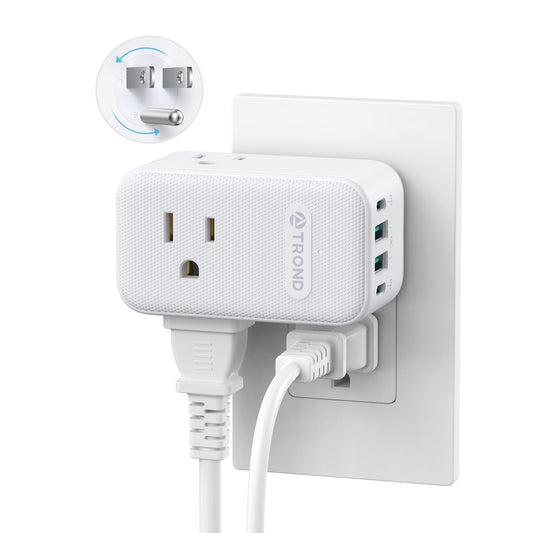 TROND Extensión con Enchufe Giratorio 360°, 3 Tomas AC, Cargador USB-C PD 20W, Adaptador de Pared USB, Estación de Carga Compacta para Cocina, Baño, Cruceros y Viajes