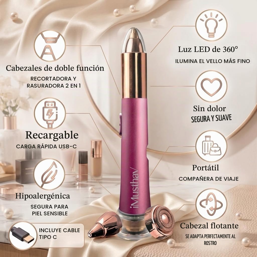 Depiladora Eléctrica Indolora para Mujer, Elimina Vello de Cejas y Facial