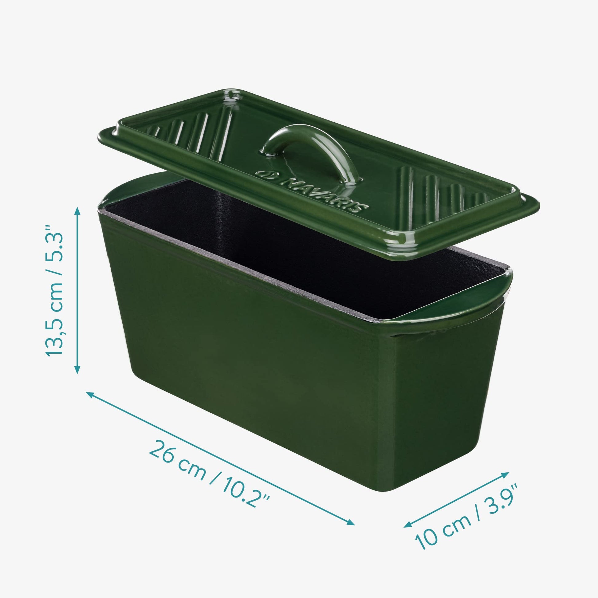 Navaris Olla para Hornear Pan - Cacerola Rectangular 34 x 13 x 13 cm de Hierro Fundido para Horno Bbq Vitrocerámica Inducción - Cazuela con Tapa - Verde