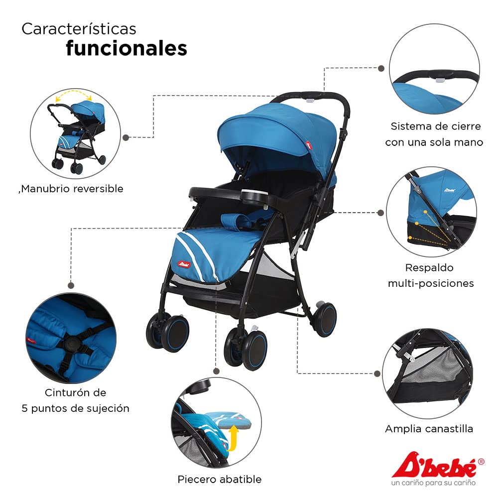 D´BEBÉ - Carriola Lu Baby - Carriola con Manubrio Reversible - Permite tener al Bebé siempre a la vista - Incluye Charola Porta Biberones - Color Azul