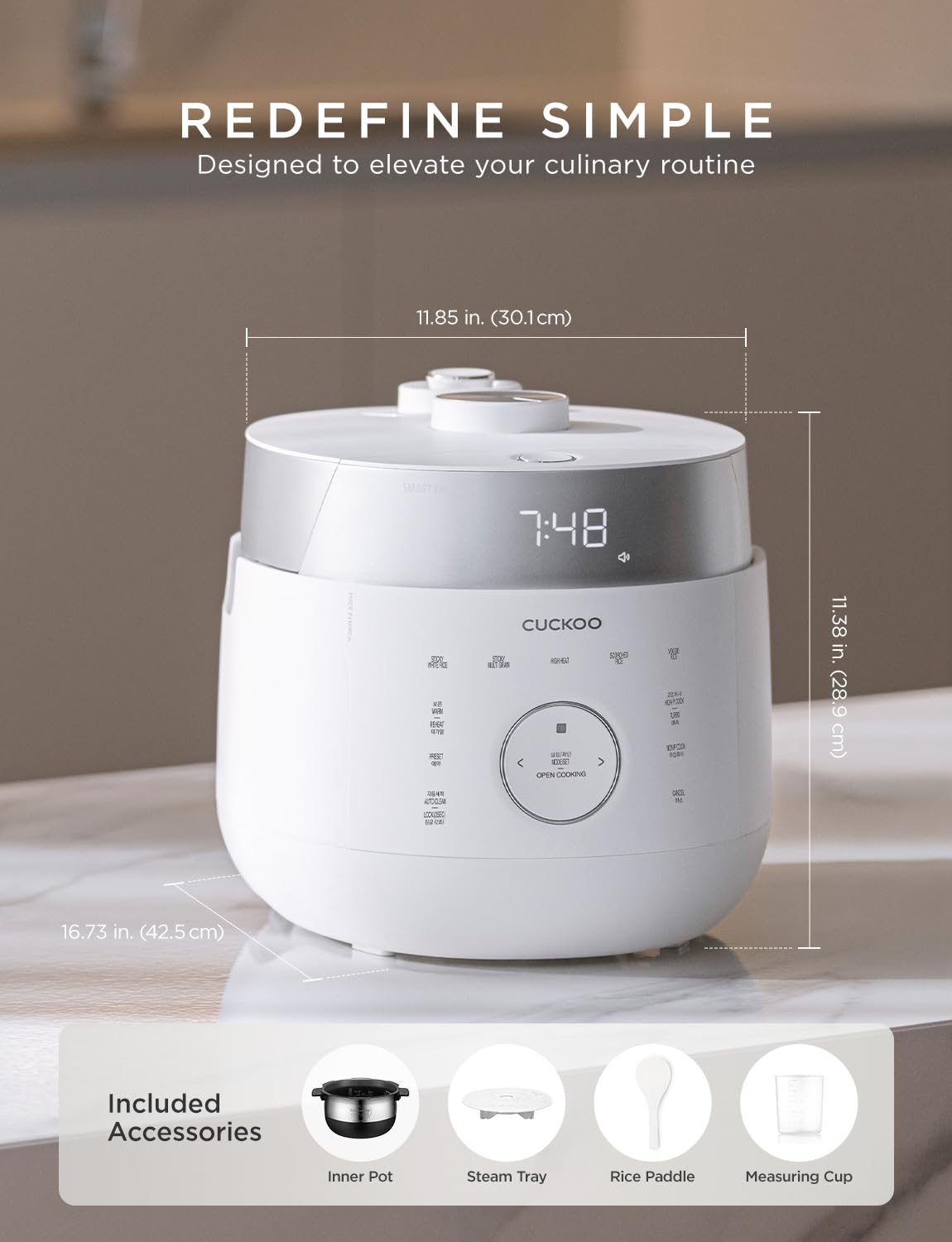 CUCKOO CRP-LHTR1009FW 10 tazas (sin cocinar) / 20 tazas (cocidas) Arrocera a doble presión con olla interior antiadherente, 16 modos de menú, 3 guía de voz, limpieza automática (blanco)