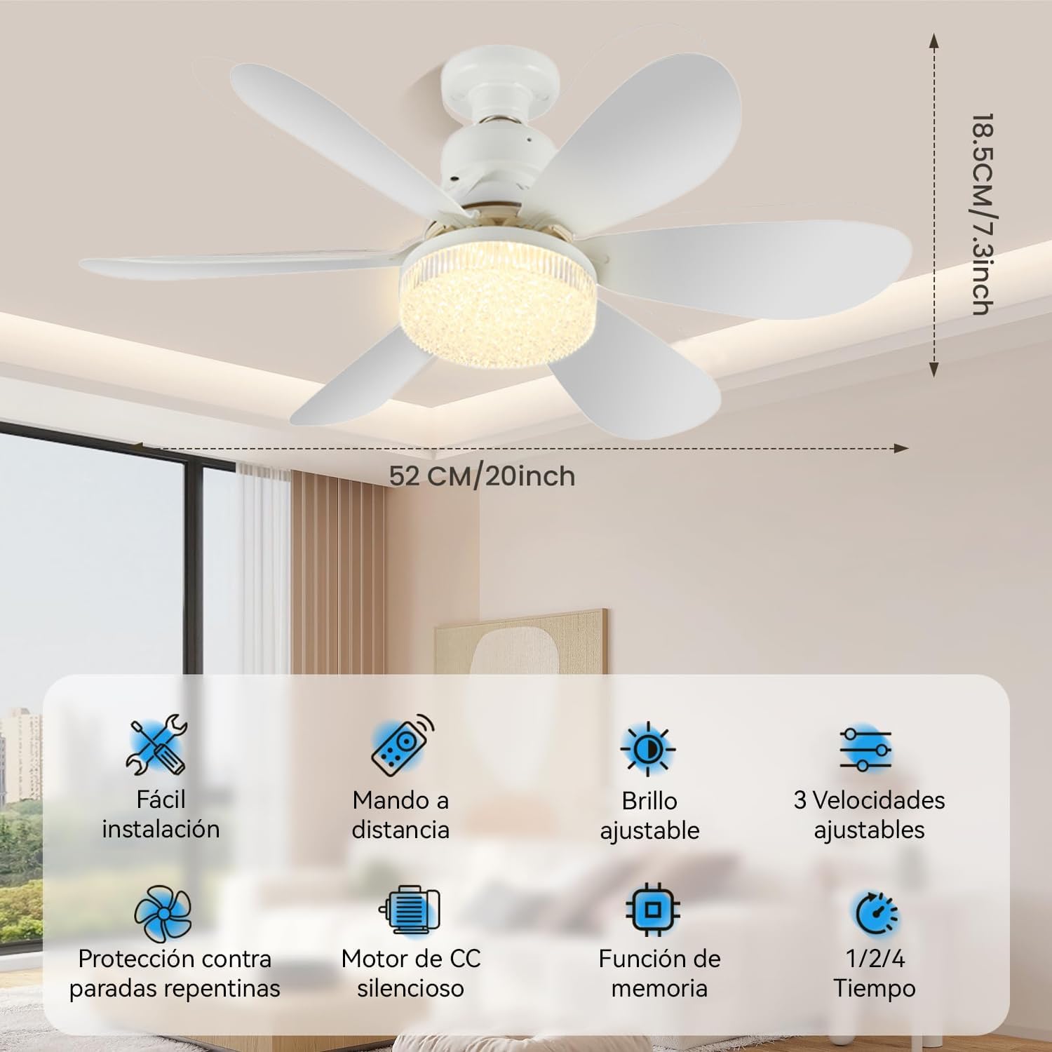 Haimo Ventilador de techo con luz y control remoto, luz tricolor ajustable 3000K-6500K Ventilador de techo de 3 velocidades y 40w con, 20.5LED Velocidad del viento silenciosa (blanco)