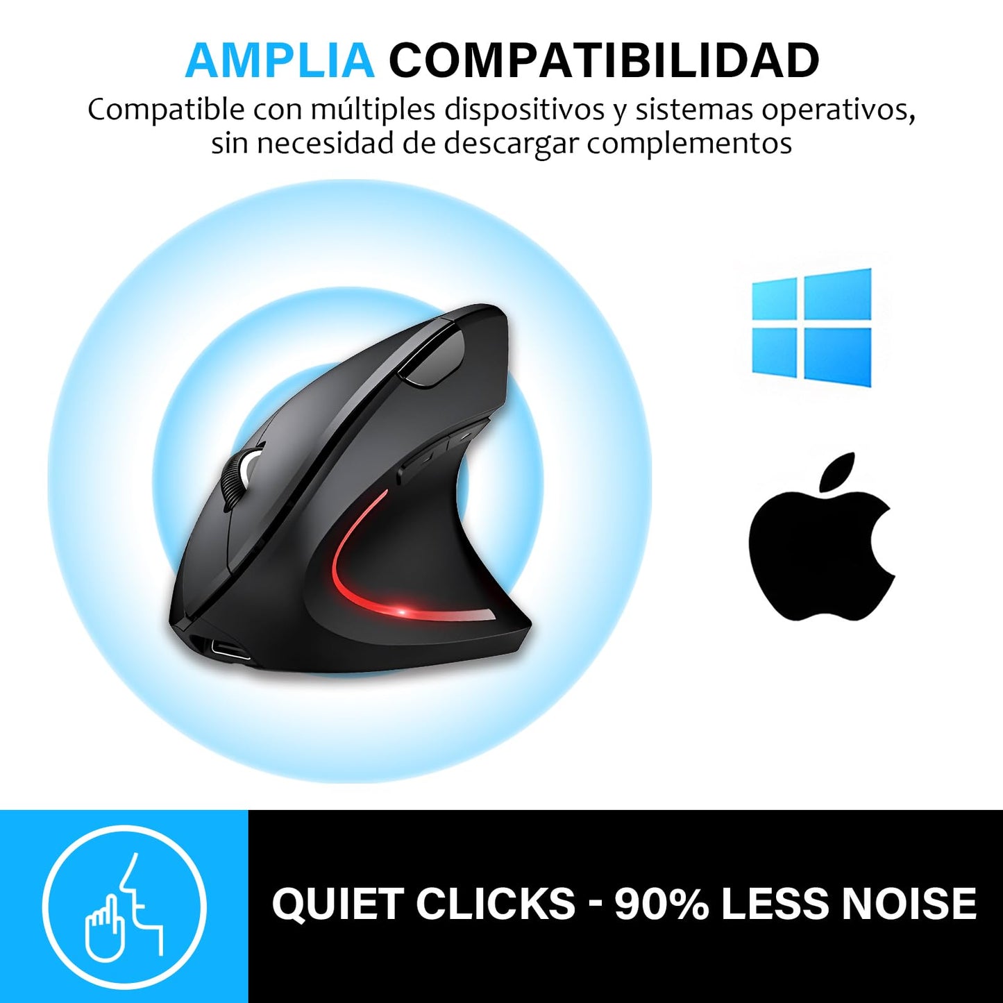 KIROGILY Mouse Inalámbrico Ergonómico Recargable, Mouse Vertical de Bluetooth y 2.4Ghz con 3 DPIs Ajustables, Mouse Mate de 6 Botones con Receptor USB, Compatible con Sistema Windows y Mac.(Negro)