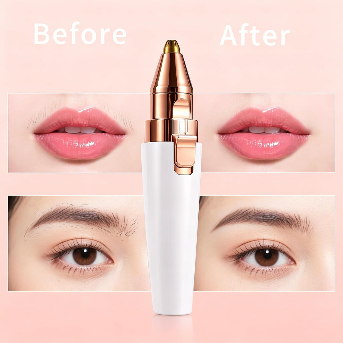 Removedor de pelo facial para mujer: dispositivo eléctrico 2 en 1 para barbilla y labios superiores + recortador de cejas recargable con luz incorporada