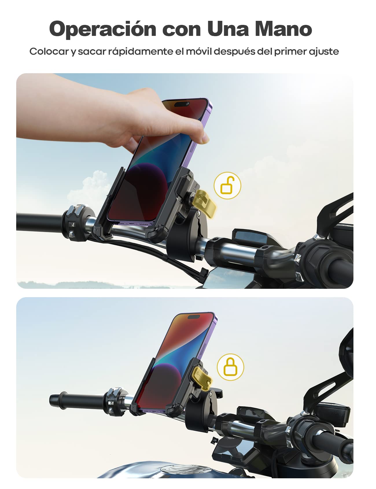 Lamicall Porta Celular para Moto - [No Cover Cámara] [1s Bloquear y Desbloquear] Soporte para Bicicleta Motocicleta para 2.4~3.54" Celular de Ancho, iPhone 16/15/14/13/12/11, Samsung, Xiaomi, Huawei