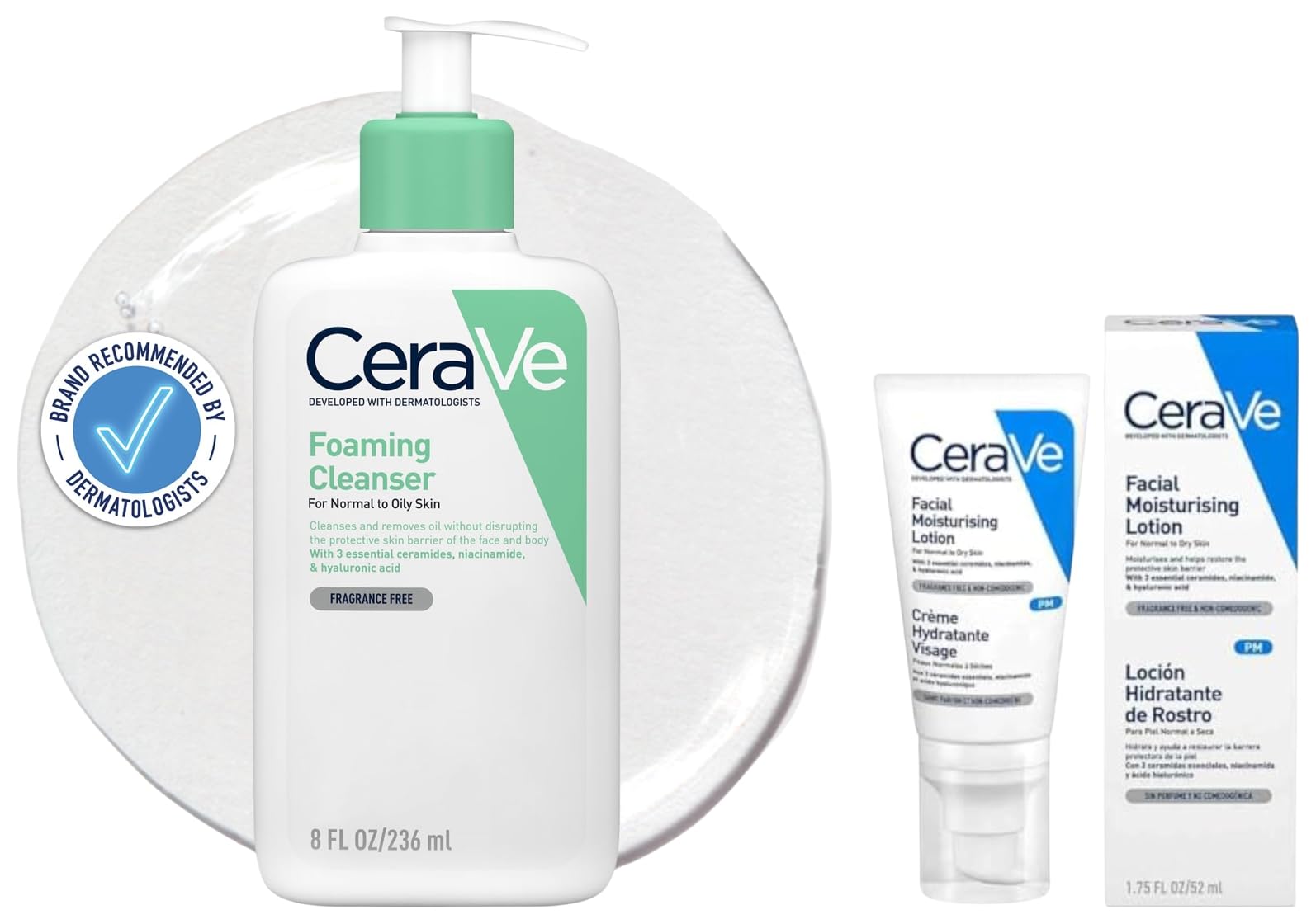 CeraVe Loción Hidratante de Rostro |52ml| Hidratante facial de noche con textura ultraligera + Gel Limpiador Espumoso |237ml| Limpiador diario para piel mixta grasa o con acné