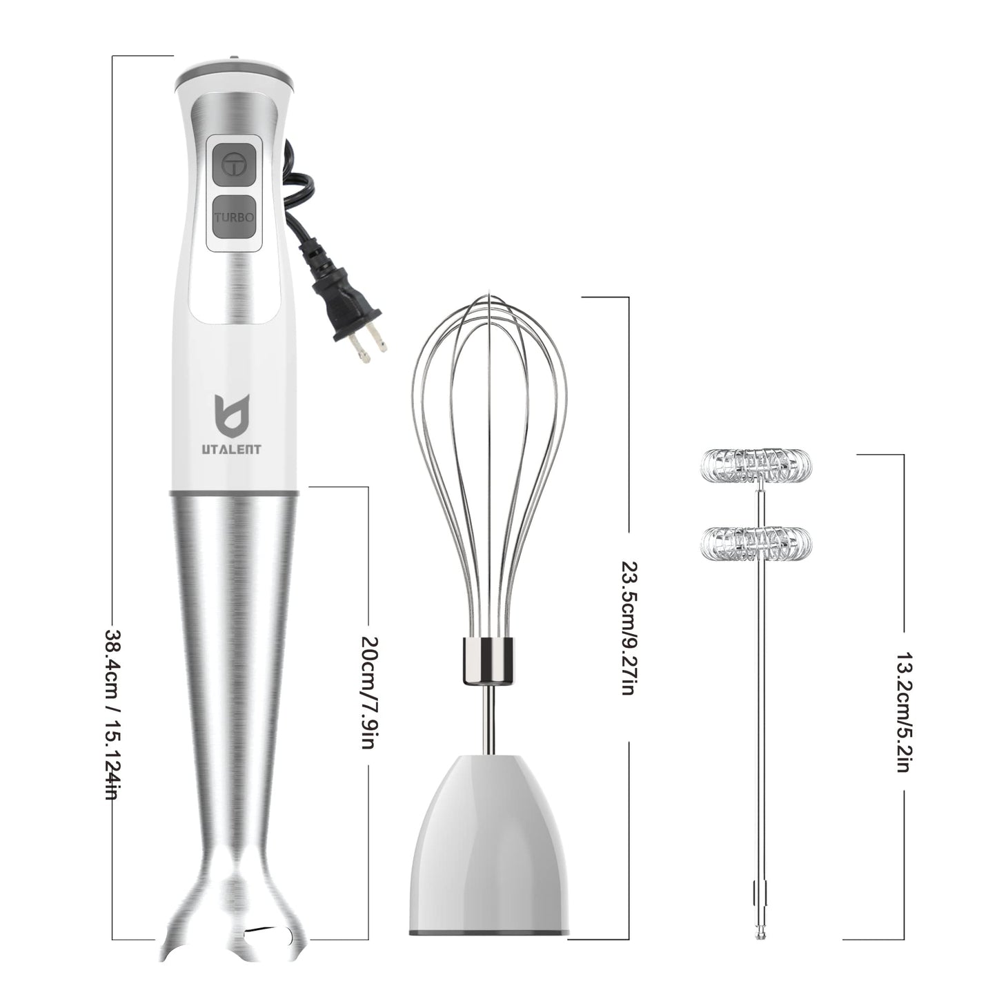 Immersion Hand Blender, Utalent 3-in-1 8-Speed Stick Blender with Milk Frother, Egg Whisk for Smoothies, Coffee Milk Foam, Puree Baby Food, Sauces and Soups - White
