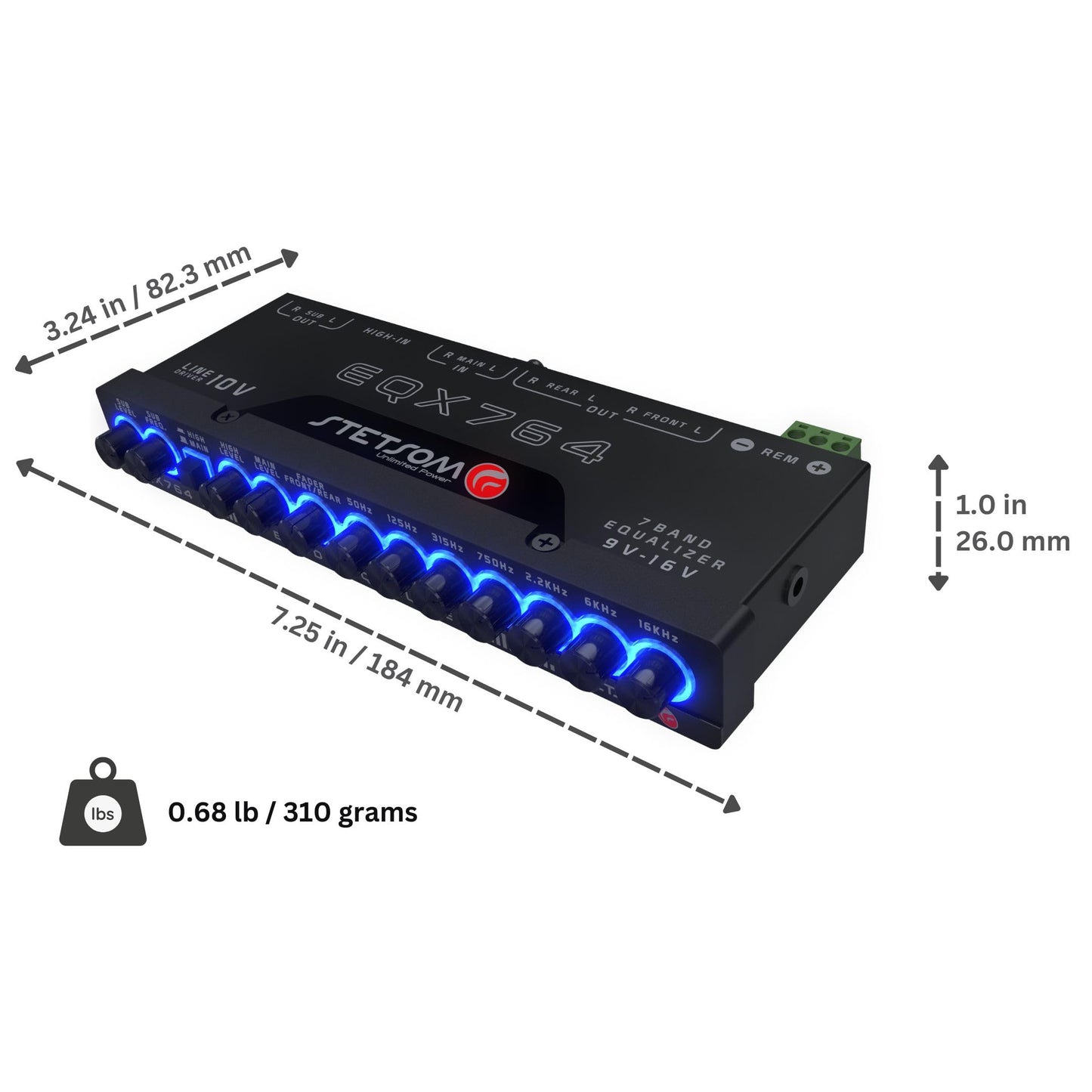 Ecualizador Gráfico de Audio Stetsom EQX764-7 Negro con Preamplificador y Subcontroles Dedicados para Coche