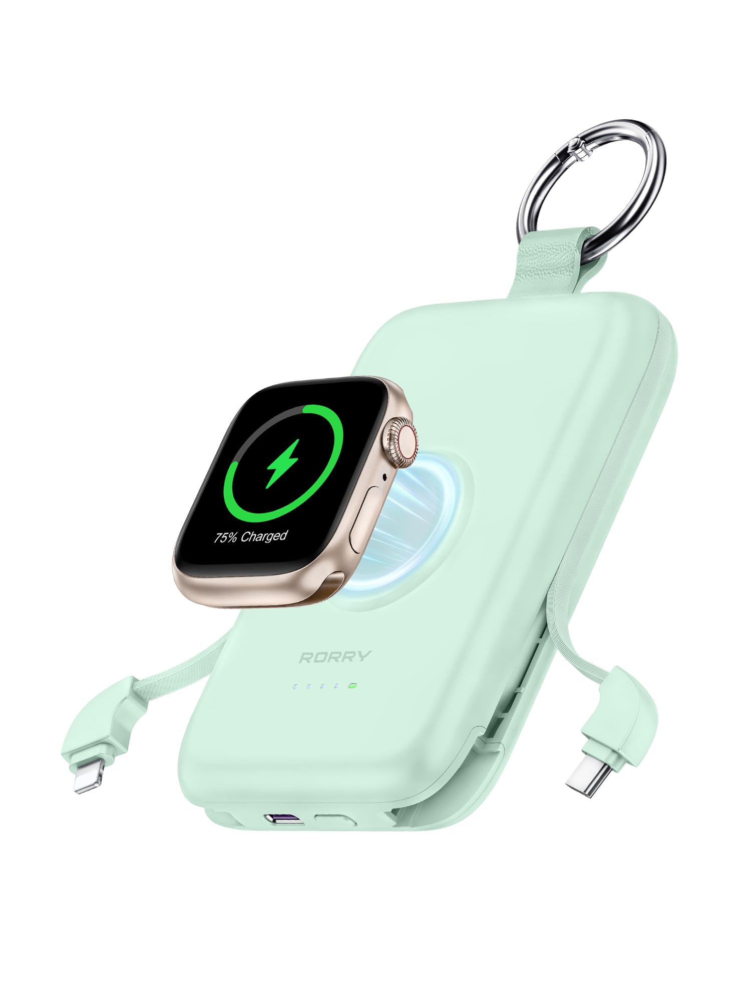 Power Bank RORRY Verde 10000mAh Pila Portátil con Cables Integrados para iPhone y Apple Watch